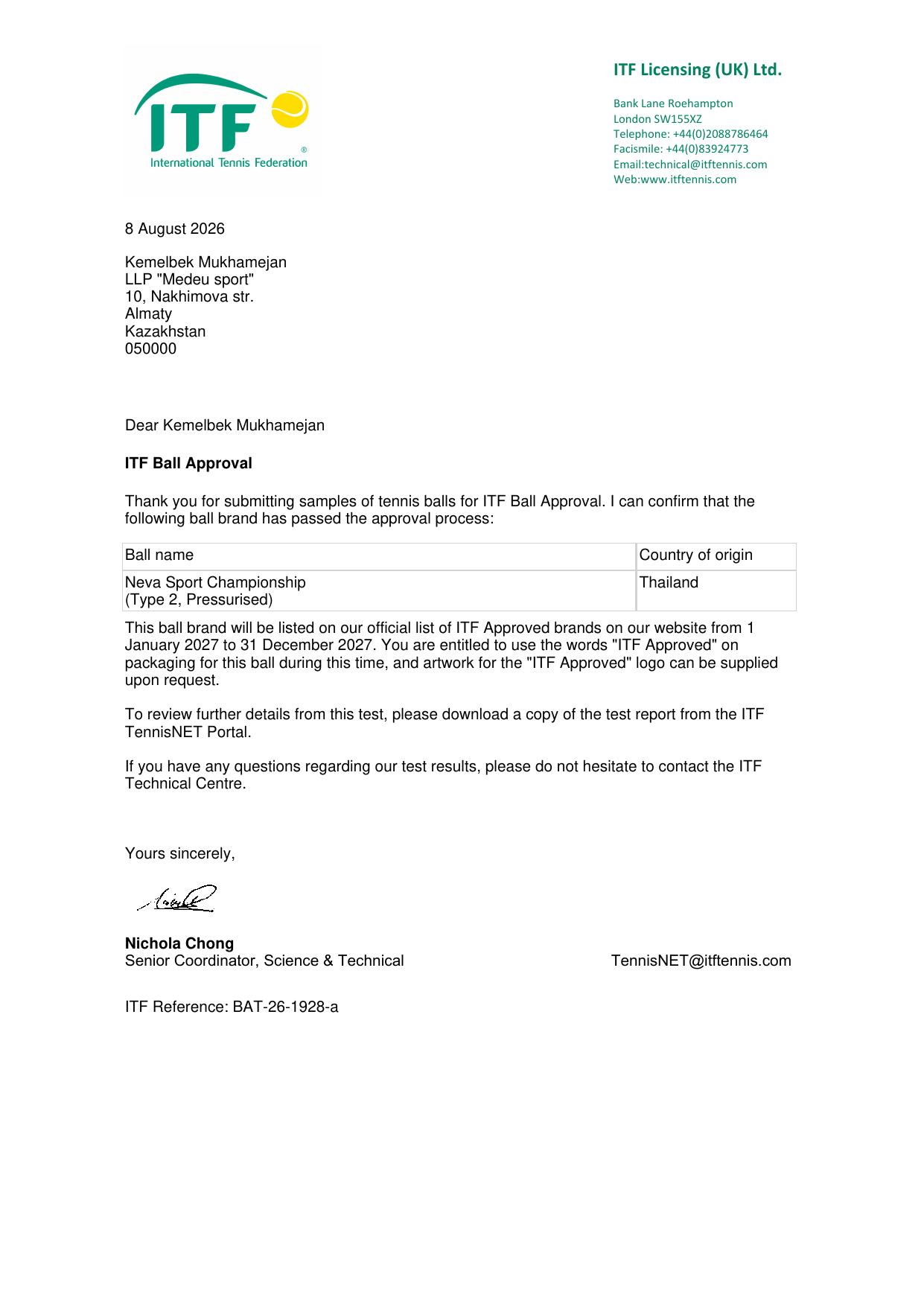 Ball Approval Test Letter (Chemp)