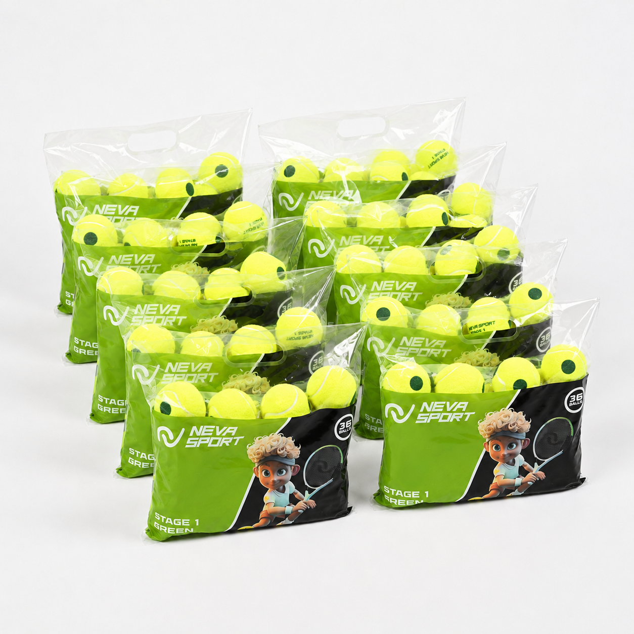 Детские теннисные мячи NEVA SPORT Green (10 упаковок по 36 мячей)