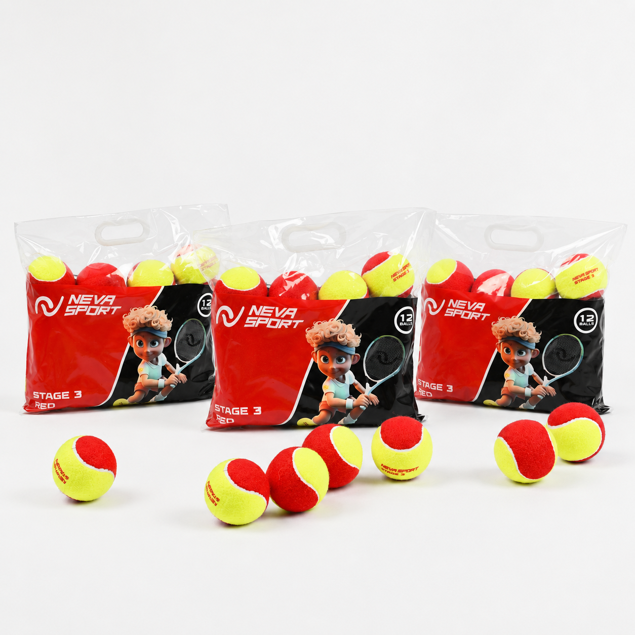 Детские теннисные мячи NEVA SPORT Red (3 упаковки по 12 мячей)