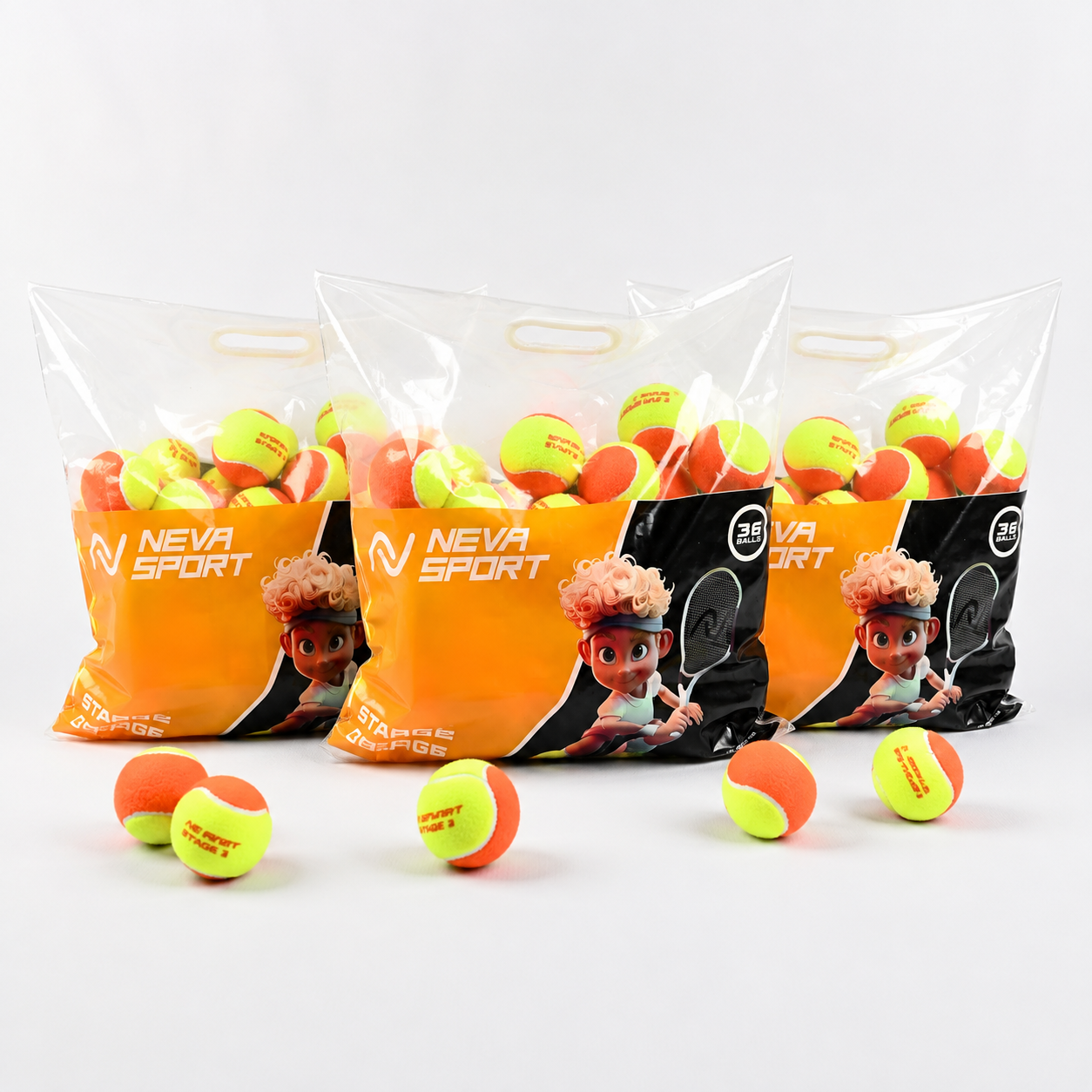 Детские теннисные мячи NEVA SPORT Orange (3 упаковки по 36 мячей)