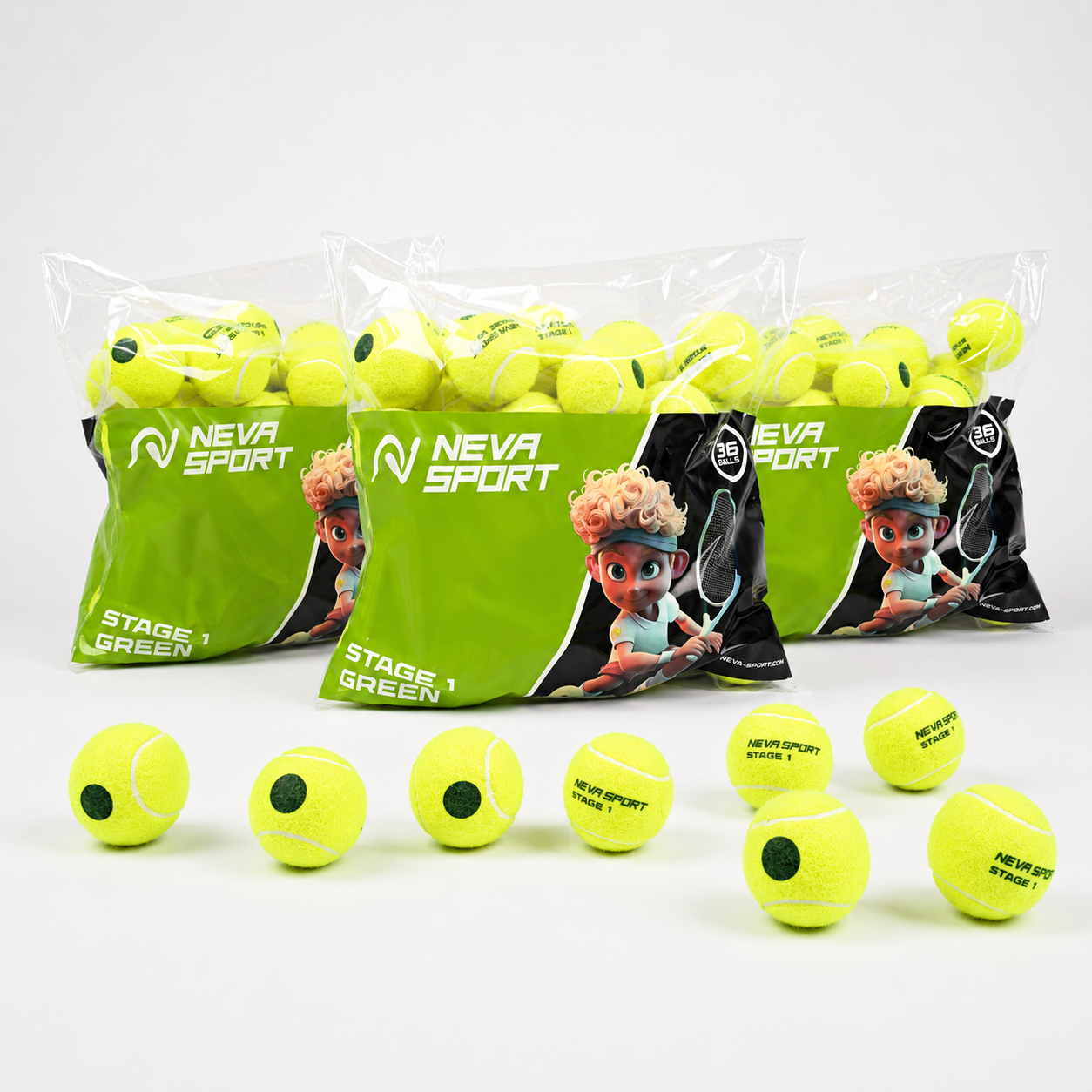 Детские теннисные мячи NEVA SPORT Green (3 упаковки по 36 мячей)