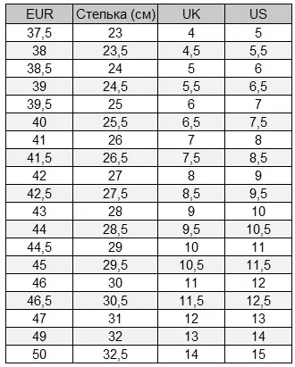 Таблица размеров K-Swiss
